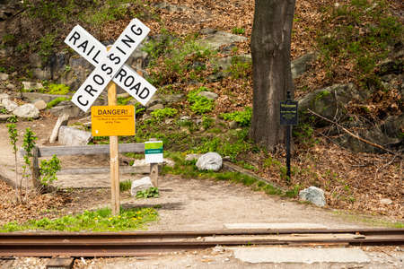railroad crossing sign and gate in Portland Maineの写真素材