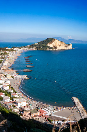 landscape of Miseno its promontory and lake from Procida mount Naples, Italyのeditorial素材