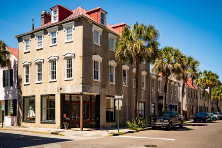 Historical downtown colored buildings in Charleston, South Carolina, USAの写真素材