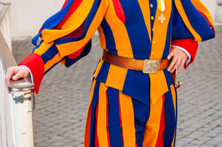 ROME, ITALY - MARCH 30, 2014: Swiss Guard Shoes and Striped Uniform at the Vatican in Rome, Italyのeditorial素材