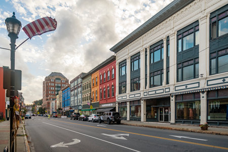 AUGUSTA, MAINE - OCTOBER 16, 2021: Brightly colored store fronts and buildings in the historical Main Street in the city of Augusta, Maineのeditorial素材