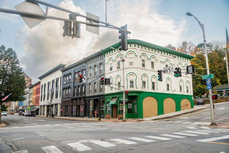 Brightly colored store fronts and buildings in the historical Main Street in the city of Augusta, Maineのeditorial素材