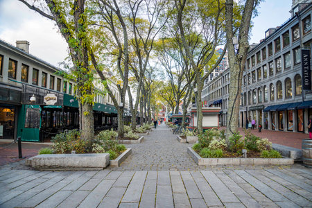 Boston, MA, USA - October 30, 2018: Initially built as an indoor commercial pavilion, The Quincy Market was naturally expanded to a plaza surrounded by stores as seen in Boston, MA, USA.のeditorial素材