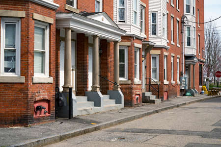 Historic commercial building on a street in Old Port in city of Portland, Maine ME, USA.の写真素材