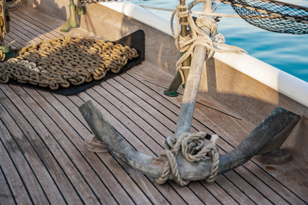 Anchor on wood background on an old vessel, Atlantic Ocean.の写真素材