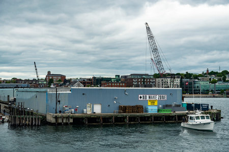 View of quay from the Casco Bay Island Ferry service in the Portland harbor, Casco Bay, Maine,...