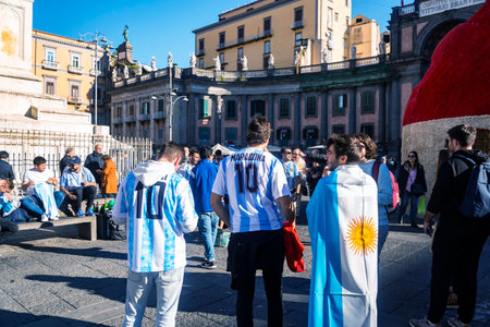 Soccer supporters of the Argentina National team celebrate the victory in the World Cup. In Naples, Italy.のeditorial素材