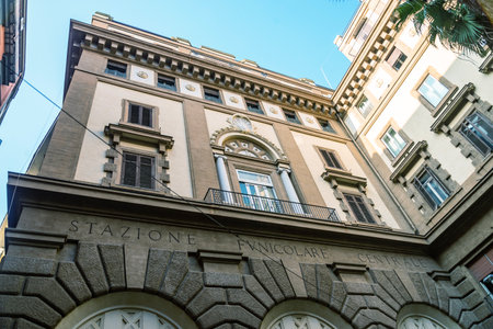 Facade of the Central funicular station in Augusteo square. It is a public transport line that connects the center of Vomero district to downtown Naples, Italyの写真素材