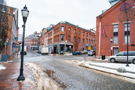 Historical Old Port, a district of Portland, Maine, known for its cobblestone streets, 19th century brick buildings and fishing piers.のeditorial素材