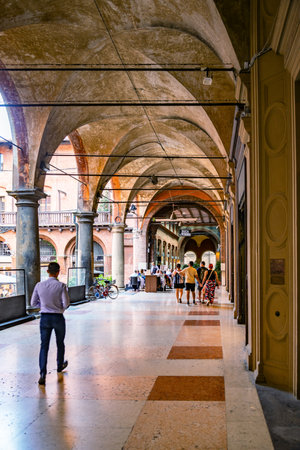 eautifully decorated portici in Bologna, during a sunny day in the summer.のeditorial素材