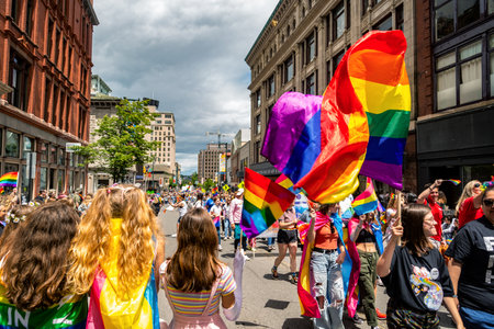 people took part in the Portland ME Gay Pride parade to support gay rights, Maine, USA