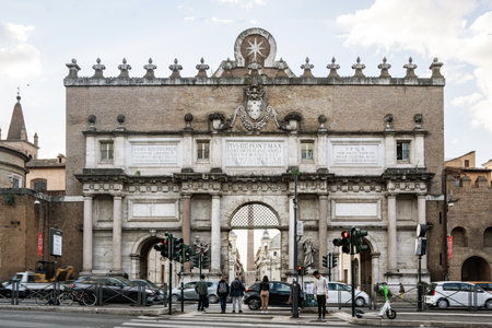 Porta del Popolo Porta Flaminia of ancient Rome northern gate in Aurelian Walls in Rome, Italy. Porta del Popolo is the main entrance of Piazza del Popolo, Rome, Italy.のeditorial素材