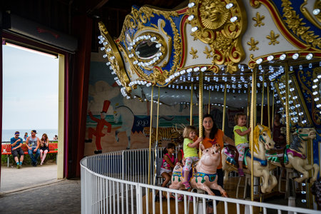 People entering to the famous theme park in Old Orchard Beach in Maine, USAのeditorial素材