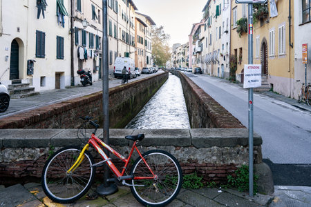 Old medieval street in the medieval city of Lucca. Tuscany, Italyのeditorial素材