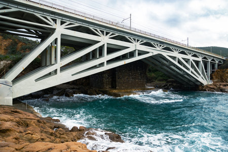 Sea storm on the coast and Calafuria bridge, via Aurelia road. Livorno Tuscany Italy Europeの写真素材