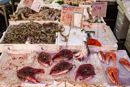 Naples, Italy - May 3, 2025: closeup of fish seller's products in Pignasecca district in Naples, Italyの写真素材