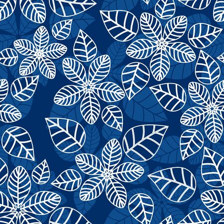 White outlines floral seamless pattern over blue floral background.のイラスト素材