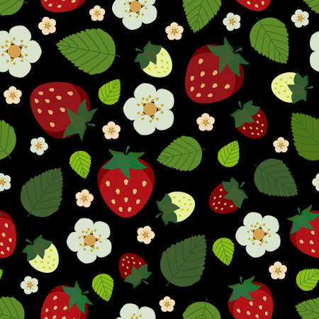 Strawberry red with white and pink flowers and green leaves, colorful vector illustration over a dark background seamless patternのイラスト素材