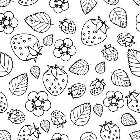 Strawberry black outlines cartoon, over white background, flowers and leaves, vector illustration seamless patternのイラスト素材