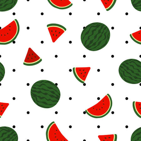 Red watermelon full and slices, with black polka dots background seamless patternのイラスト素材