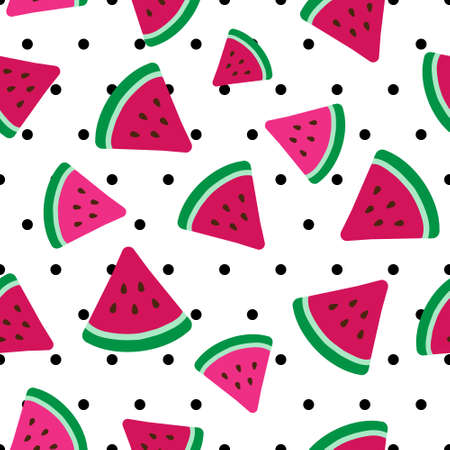 pink watermelon flat vector illustration with polka dots seamless patternのイラスト素材