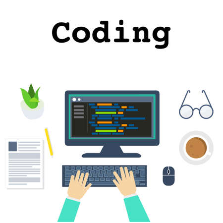Developer coding computer screen, working, with coffee and plant, documents, working, typing, vector flat design illustration.のイラスト素材