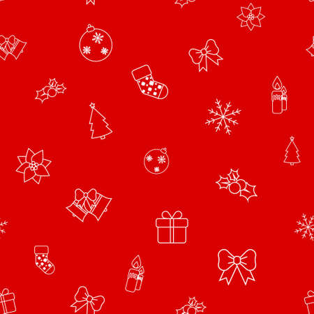 White Christmas elements over red background, icon illustration vector seamless patternのイラスト素材