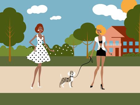 The Young Women Walk a Dog in City Park Illustrationの写真素材