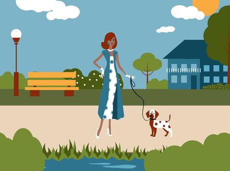 The Fashion Woman is Walking a Dog in City Park Illustrationの写真素材