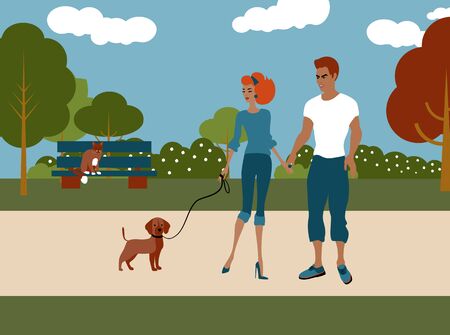 The Couple are Walking a Dog in Park Illustrationの写真素材