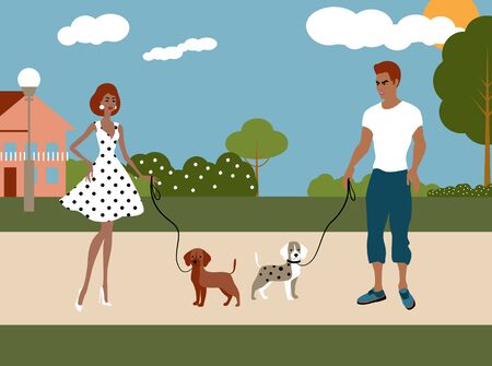 The Couple is Walking Dogs in Park Illustrationの写真素材
