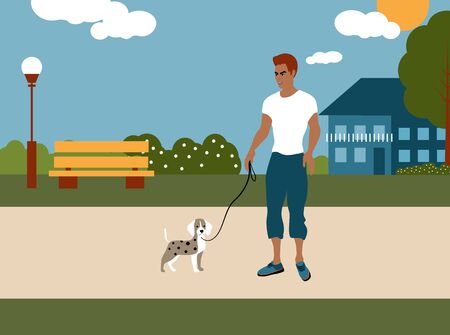 The Man is Walking a Dog in City Park Illustrationの写真素材