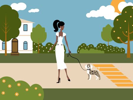 The Fashion Young Woman is Walking a Dog in Park Illustrationの写真素材