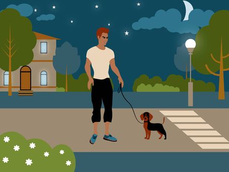The Man is Walking a Dog in the Park at Night Illustrationの写真素材