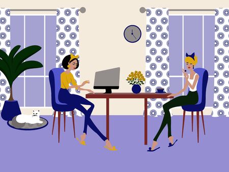 The Young Women are Working at Home Office with a Cat Illustrationの写真素材