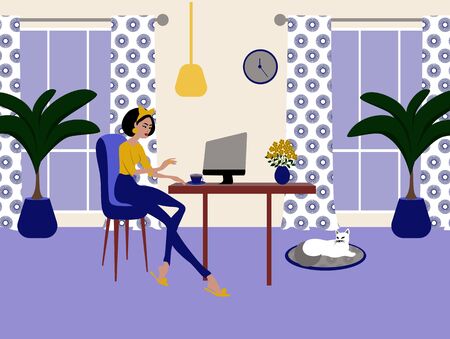 The Young Woman is Working at Home Office with a Cat Illustrationの写真素材