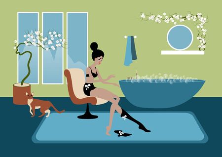 The young girl in bathroom flat illustrationの写真素材