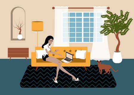 Freelance woman work in comfortable cozy home office flat illustrationの写真素材