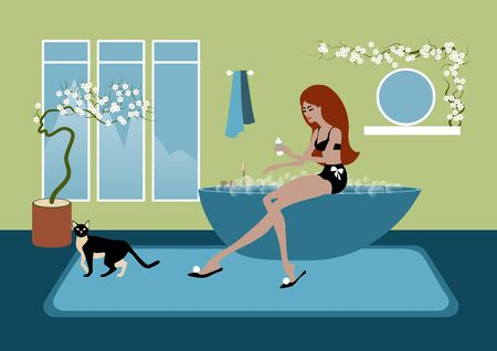 The woman bathing in a bathtub flat illustrationの写真素材