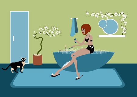 The woman in bathrobe shaving her legs after shower flat illustrationの写真素材