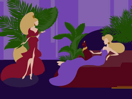 The Blonde Girl is Walking Near the Mountains at Night Flat Illustrationの写真素材