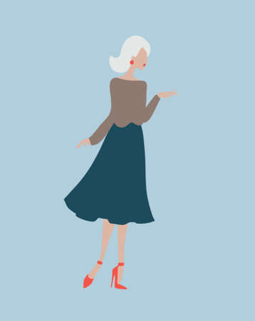 The Girl in a Green Skirt and Beige Sweater Flat Illustrationの写真素材
