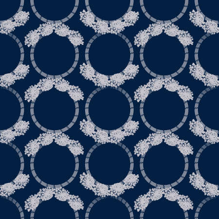 Seamless Geometric Pattern with White Small Puffy Flowers and Circles on a Deep Blue Backgroundの写真素材