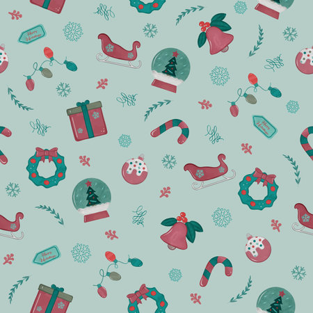 Watercolor christmas seamless pattern with Christmas attributes. Holiday vector backgroundのイラスト素材