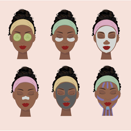 Black girl with bun cares and protects her face with various actions. Girl applies different facial masks. Set of separated vector illustrationsのイラスト素材