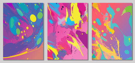 Modern vector template for brochure, flyer, cover, catalog in A4 size. Abstract spot vector shapes trendy colors fluid backgrounds set.のイラスト素材