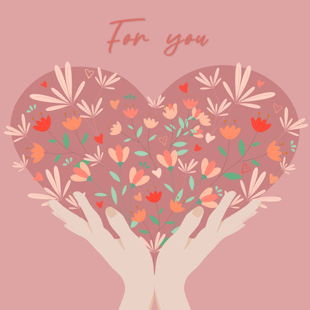 Hands holding heart with flowers. Flat vector illustration for gift cards and postersのイラスト素材
