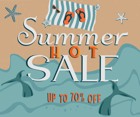 Summer hot sale poster banner with waves, rug on sand with glasses, slippers, shells, dolphins. Summer beach scene design vector backgroundのイラスト素材