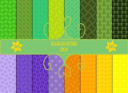 Set of 16 seamless patterns, abstract design, in green, orange, yellow and blue colors. EPS 10.のイラスト素材