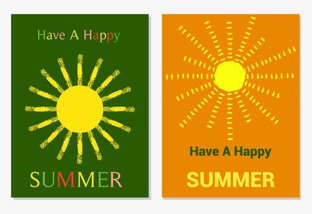 Vector set of design templates with sun in grungy style, varicolored leaflets and frames, collection of colorful pages for gift card, cover, book, printing.Have A Happy Summer Illustration.のイラスト素材